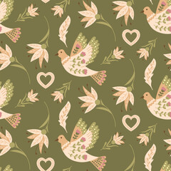 Animalistic vintage seamless pattern with abstract flowers and birds in folk style. Botanical fantasy flat illustration in boho style for wedding. Print design for textile or wallpaper