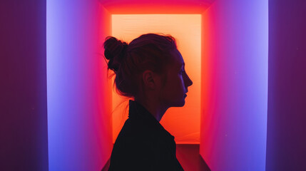 A woman stands in a room illuminated by colorful lights, creating a vibrant and visually striking scene