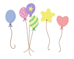 Set of hand drawn textured balloons in flat childish style and candy pastel colors. Vector typographic illustration isolated on white background.