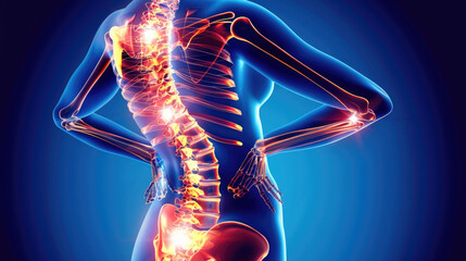 Digital illustration shows the human spine with pain points highlighted in red, indicating areas of discomfort. The image emphasizes the importance of spinal health and pain management