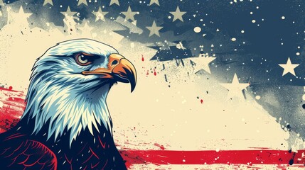 Illustration of a bald eagle with a stylized American flag in the background, featuring a vintage red, white, and blue color scheme