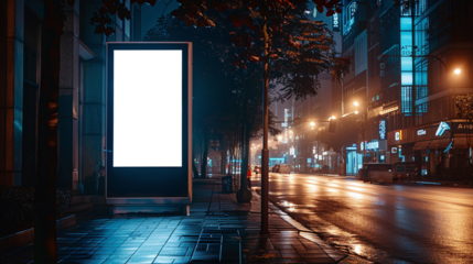 blank white vertical advertising banner mockup illuminated against the nighttime backdrop of a city on white and transparent background