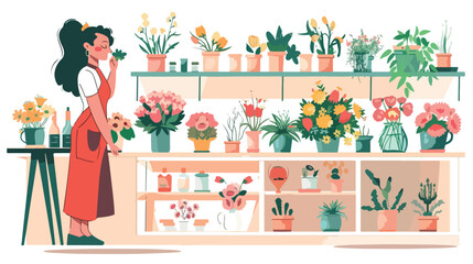 Florist woman smelling fresh flower at flora shop. Vector