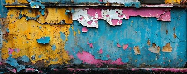 grunge ripped torn placard posters background in white, pink, blue and yellow colors