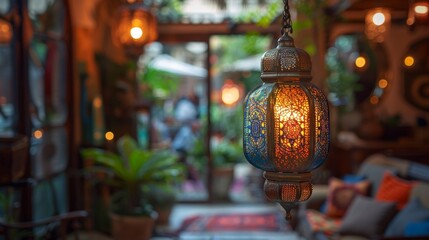 bohemian home decor, a vintage brass lantern suspends from the ceiling, enhancing the bohemian home dcor with an exotic vibe in a moroccan style