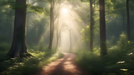 Obraz premium A serene forest path winding through tall trees with rays of sunlight filtering through the leaves -