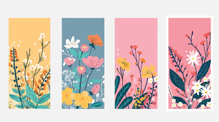 Fototapeta na wymiar Flowers cards Four. Nature background designs with flat