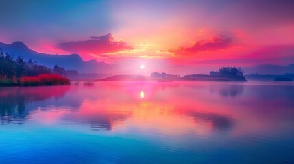 Fototapeta premium Scenic countryside sunrise, with mist rising over a tranquil lake and the sun emerging on the horizon in a stunning display of colors.