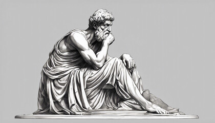 statue of a Greek philosopher in contemplation, isolated white background, line art style
