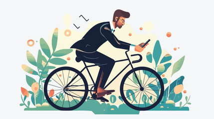 Focused man using smartphone sitting on bicycle vector