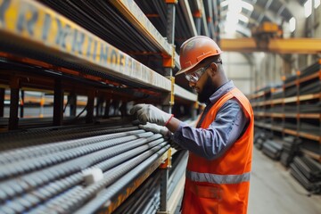 Fototapeta premium A construction worker in a warehouse wearing a safety helmet, gloves, and a reflective vest, inspecting steel rebar stacks on shelves.
