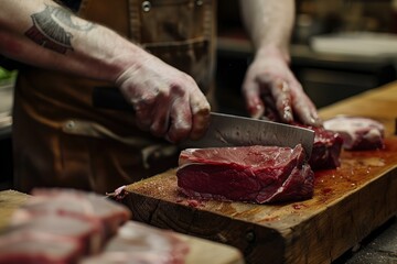 A butcher slicing raw meat on a wooden cutting board with a large knife in a kitchen environment. The focus is on the meat and the knife.