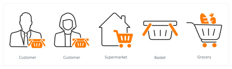 A set of 5 Shopping icons as customer, supermarket, basket
