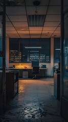 Abandoned office space featuring a desk and computer against a backdrop of city lights at night.