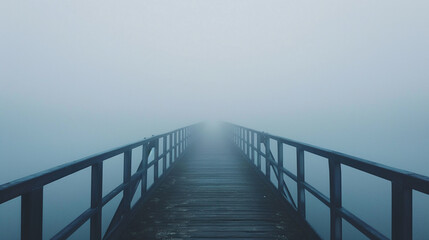 Fototapeta premium Wooden bridge extends into dense fog, creating an ethereal and mysterious atmosphere. The scene evokes a sense of solitude and the unknown, as the bridge disappears into the mist.