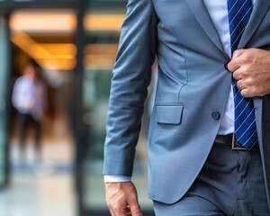 Confident Businessman in Suit Walking in Corporate Environment