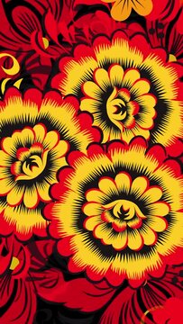 Khokhloma background. Floral seamless pattern. Colorful red and yellow flowers on a black background for print, fabric, textile, wrapping. Decorative traditional Russian motif. Zhostovo and Khokhloma