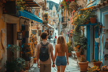 Fototapeta premium Romantic couple walking together through an ancient European village, enjoying their summer vacation.