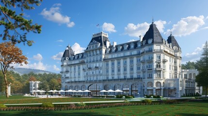 Elegant European-style hotel building with white facade and turrets against a clear blue sky, surrounded by manicured lawns and trees