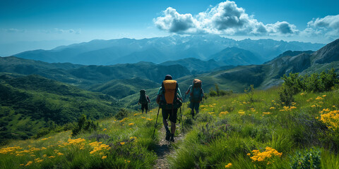 Obraz premium A group of friends trekking up, enjoying the freedom and beautiful summer landscape.