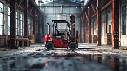a forklift in a minimalist warehouse, photorealistic still life