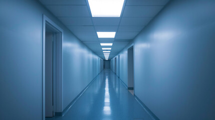 Empty hallway with a cool blue tone, illuminated by bright fluorescent lights. The clean, minimalist design and reflective floor create a sterile.