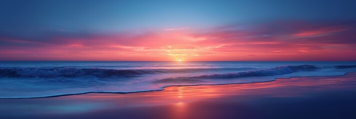 Witness the dramatic beauty of a sunset over the ocean: golden hues merging with purple skies and serene waves.