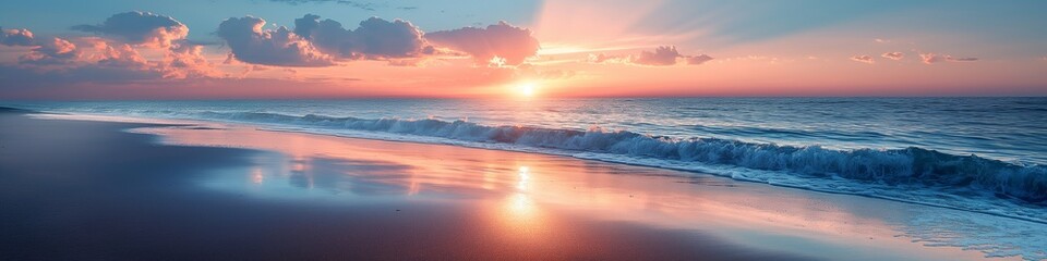 A serene sunset over the tranquil sea, casting warm hues on the peaceful beach.