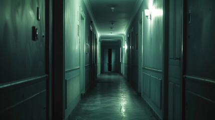 Dimly lit abandoned hallway with a greenish hue. The narrow corridor, with its closed doors and eerie atmosphere, creates a haunting sense of mystery and isolation.