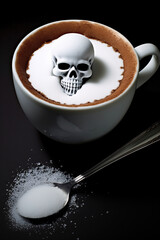 Unhealthy white sugar concept. Skull made of sugar in a cup of coffee. Ai generative