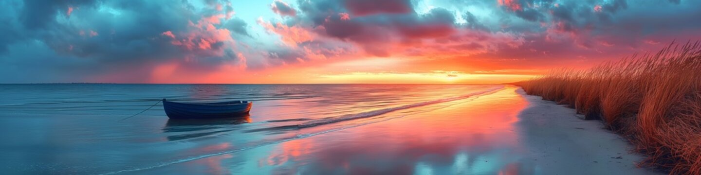Immerse yourself in the scenic beauty of a beach at sunset: where the sun kisses the horizon, painting the sky in hues of purple.