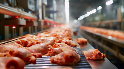 Fresh beef meat in pieces on metal work table, industry of processing food, Meat industry factory good product of food
