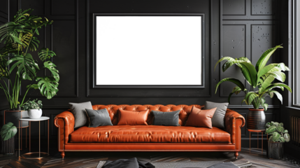 Grey gallery room interior with drawer and decoration, mockup frame on white and transparent frame