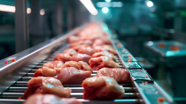 Fresh beef meat in pieces on metal work table, industry of processing food, Meat industry factory good product of food
