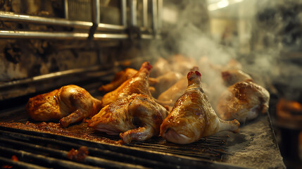 Roast chicken in factory, Chicken meat factory food industry poultry animal production