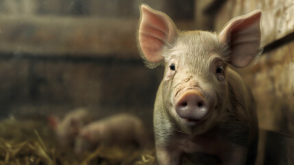 Fototapeta premium Small piglets waiting for food in the farm or pigs in the stable are eating and growing to send to the slaughterhouse into the pig industry
