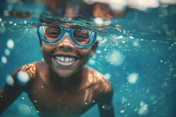 Naklejka premium Young happy boy smiling and wearing swimming goggles swims underwater, underwater scene