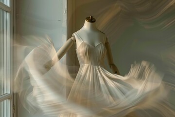 A graceful, flowing white dress is showcased on a headless mannequin with soft, blurred motion effects, creating a dynamic, ethereal visual.