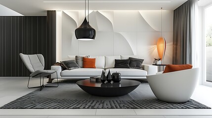Minimalist Elegance: Sleek Monochromatic Design in Modern Interior. Aesthetic Symmetry and Clean Lines in Contemporary Living Space. Perfect Balance of Light and Shadow