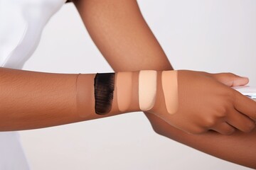 Close-up of an arm showing five swatches of foundation makeup in varying shades applied on the skin, demonstrating color variety and texture.