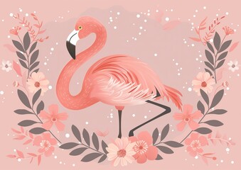 Elegant Pink Flamingo with Decorative Floral Elements on Pastel Background