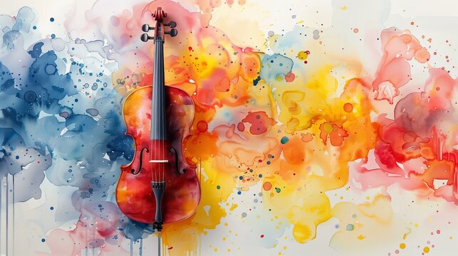 Cello rests against colorful abstract watercolor painting