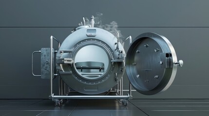 laboratory autoclave, door ajar, steam visible, stainless steel texture realistic