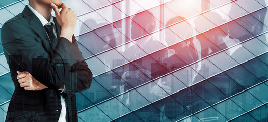 Double Exposure Image of Success Business People on abstract modern city background. Future...