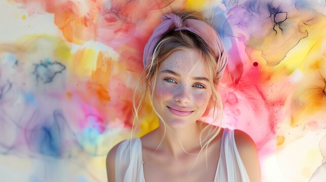 Funny blonde woman with freckles blue eyes smiling in front colorful abstract painting