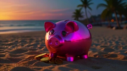 A concept of investment success and savings portrayed in an AI-generated video featuring a pink piggy bank positioned on the beach alongside a stack of gold coins, all against a blue background.
