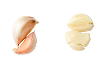 Top view set of fresh peeled and unpeeled pounded garlic cloves in stack isolated with clipping...