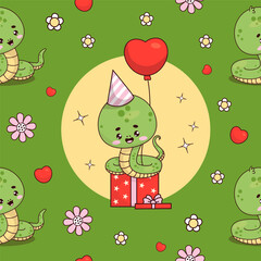 Seamless pattern with cute snake in gift box and balloon on green background. Funny birthday kawaii reptile animal character. Vector illustration. Kids collection