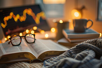 Cozy Evening Setup with Books on Stock Market and Soft Lighting  