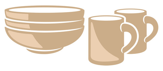 Dinnerware, tableware, cups and plates. Dishes, crockery, kitchen and cuisine, illustration